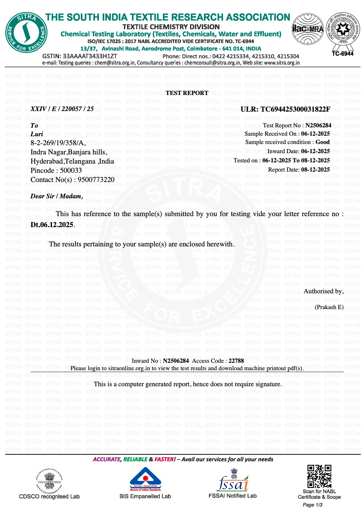 SITRA test report — Report No. K2502416
