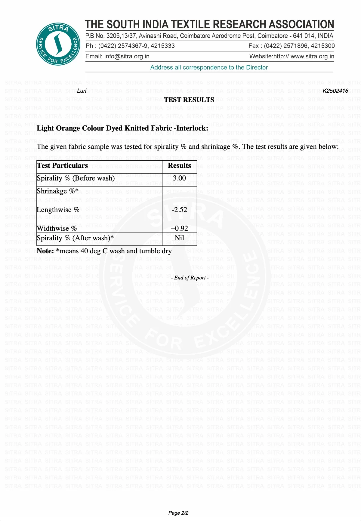 SITRA test report — page 2
