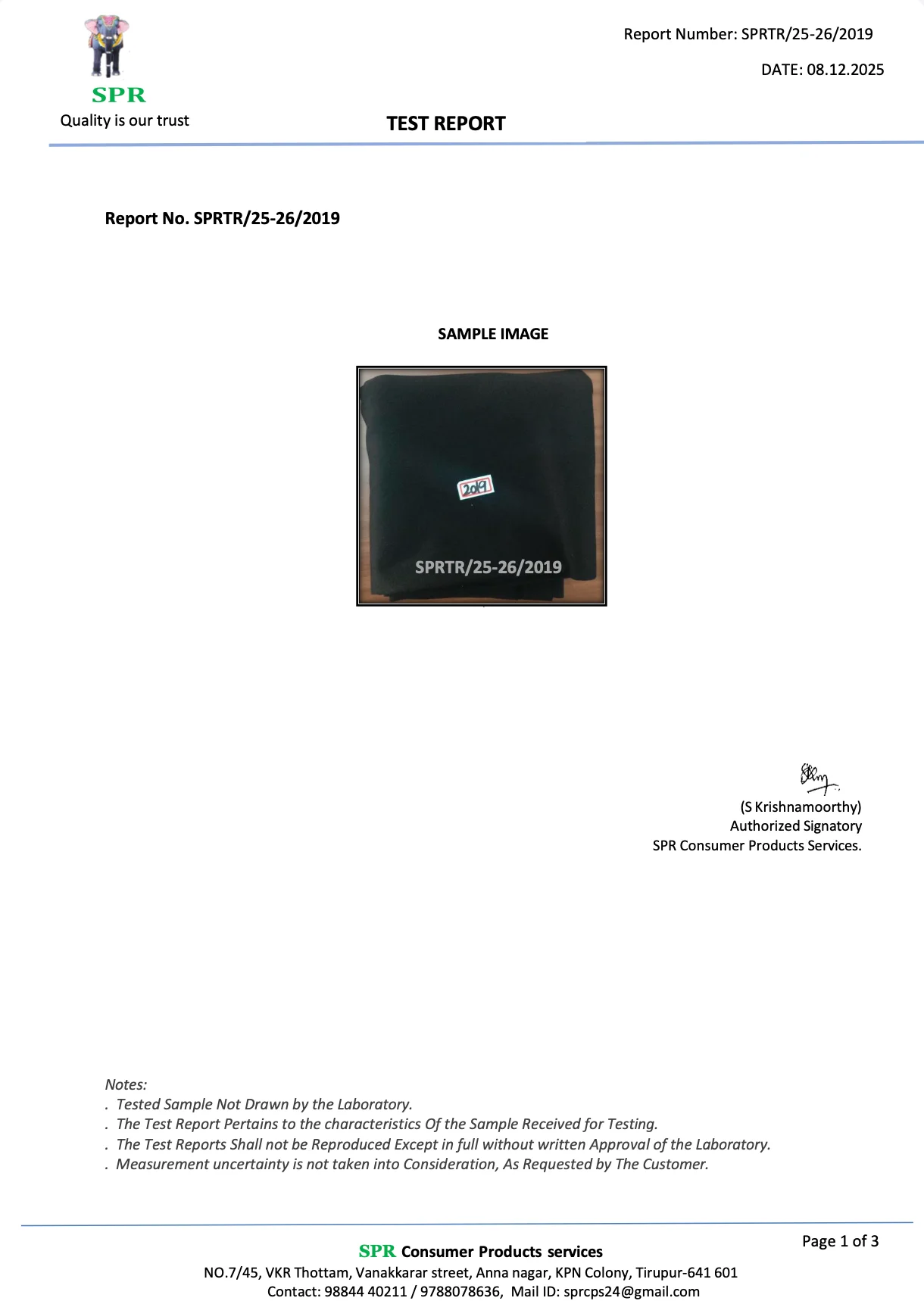 SPR test report — Report No. SPRTR25-262019, page 1